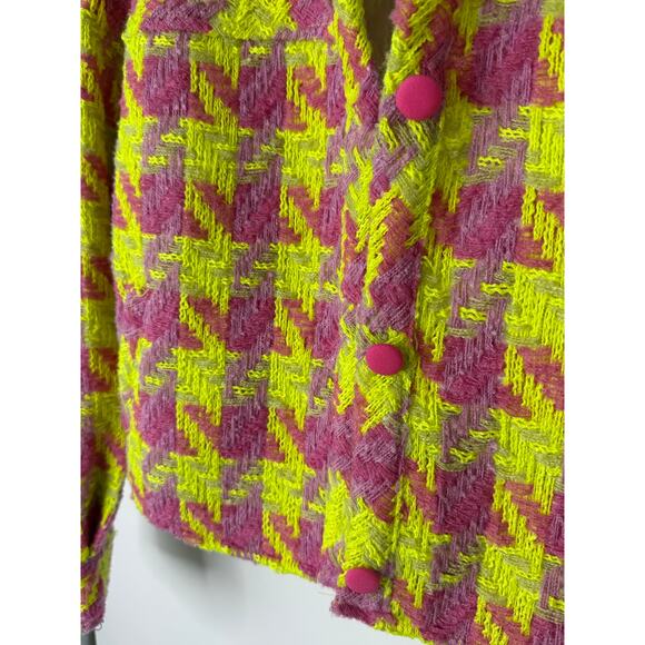 Main Strip Tweed Jacket Women S Neon Yellow Pink Houndstooth Cropped Maximalist - Picture 5 of 10